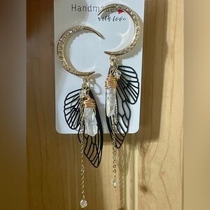 Crescent Moon Earrings with Black Butterfly Wings and Clear Crystal Quartz